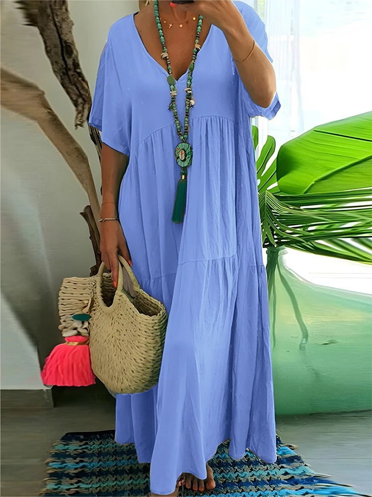 Galatea | Women's V-Neck Boho Maxi Dress in Light Blue