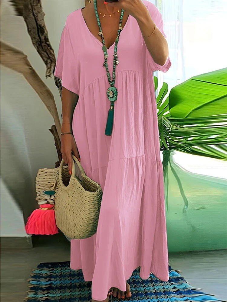 Galatea | Women's V-Neck Boho Maxi Dress in Pink