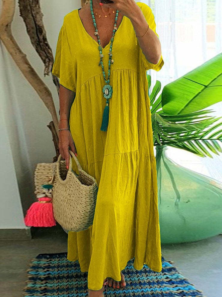 Galatea | Women's V-Neck Boho Maxi Dress in Yellow