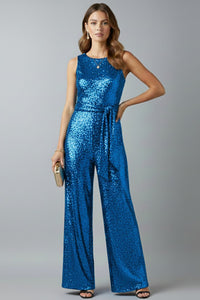 Galiana | Women's Sleeveless Sequin Wide-Leg Jumpsuit in Blue