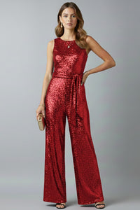 Galiana | Women's Sleeveless Sequin Wide-Leg Jumpsuit in Red