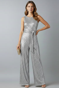 Galiana | Women's Sleeveless Sequin Wide-Leg Jumpsuit in Silver