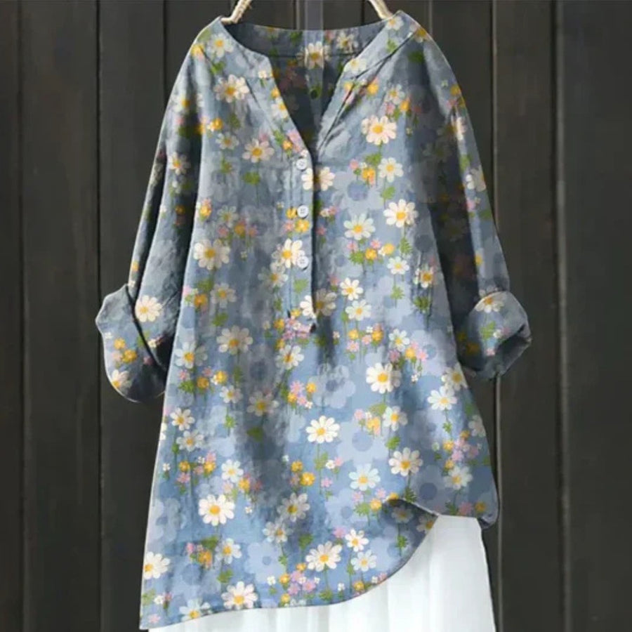 Garnet | Women's Floral Long Sleeve Blouse in Blue