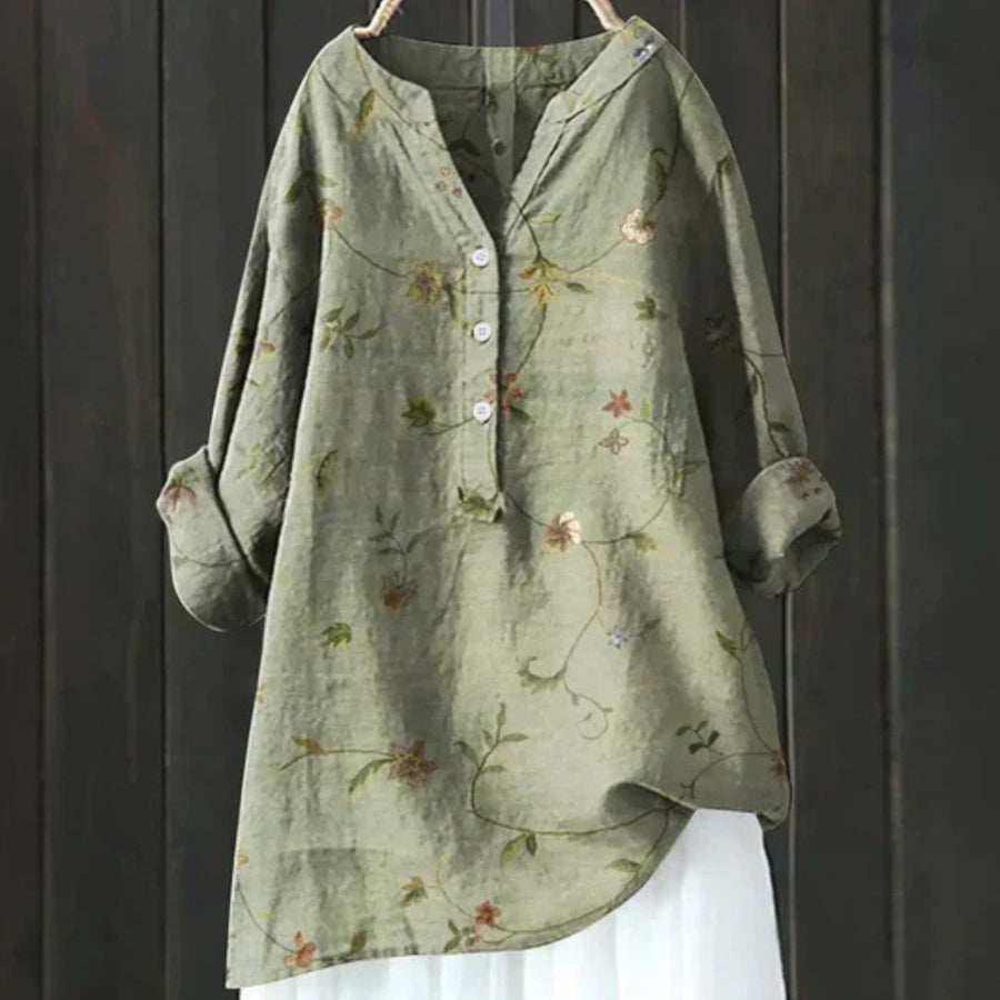 Garnet | Women's Floral Long Sleeve Blouse in Green