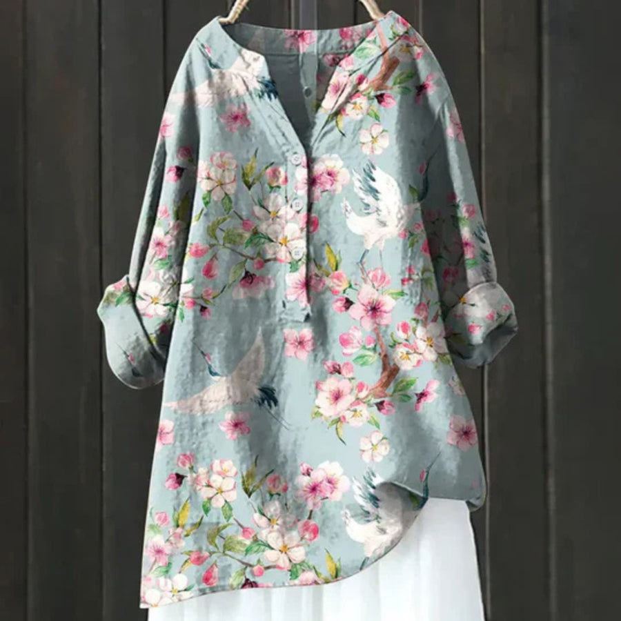 Garnet | Women's Floral Long Sleeve Blouse in Light Blue
