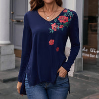 Gaudiosa | Women's V-Neck Long Sleeve Floral T-Shirt in Marine Blue