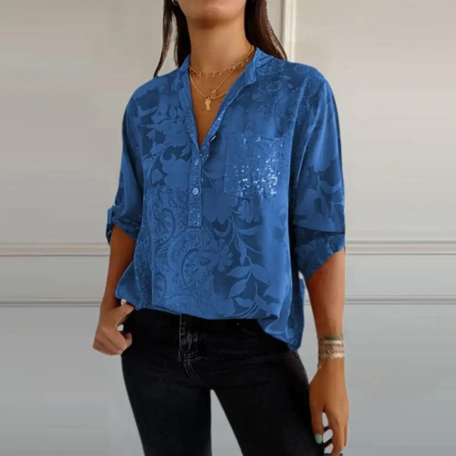 Gay | Women's Floral Pattern Collared Blouse in Blue