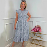 Genevieve | Women's Ruffle Floral Maxi Dress in Blue