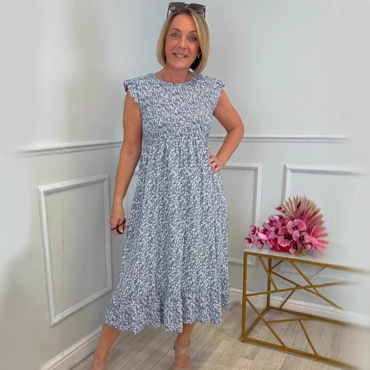 Genevieve | Women's Ruffle Floral Maxi Dress in Blue
