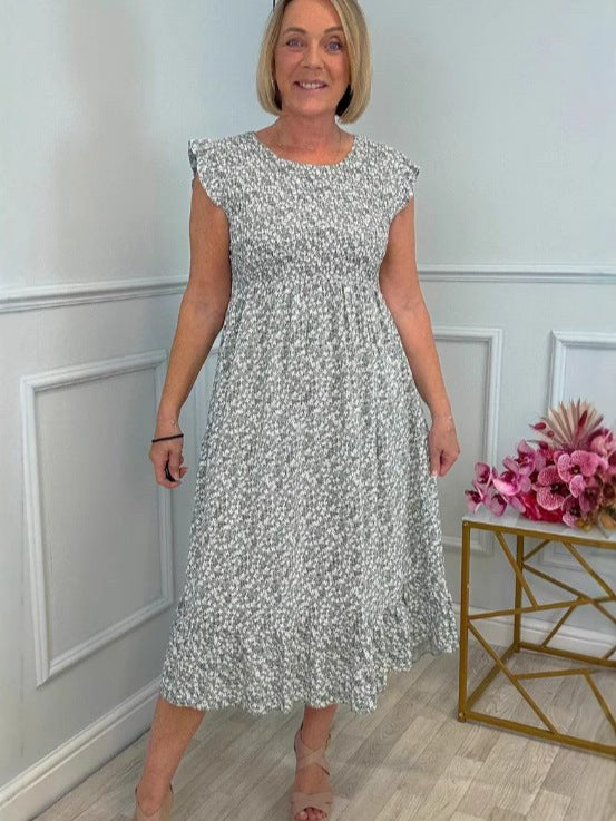 Genevieve | Women's Ruffle Floral Maxi Dress in Gray