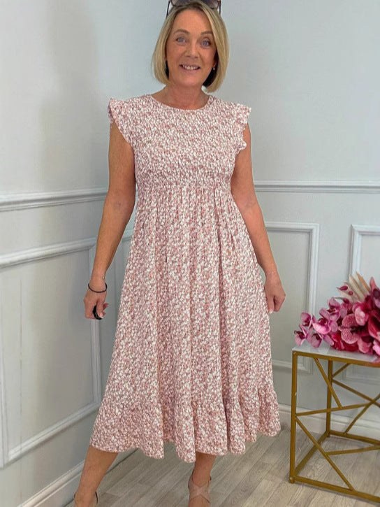 Genevieve | Women's Ruffle Floral Maxi Dress in Pink