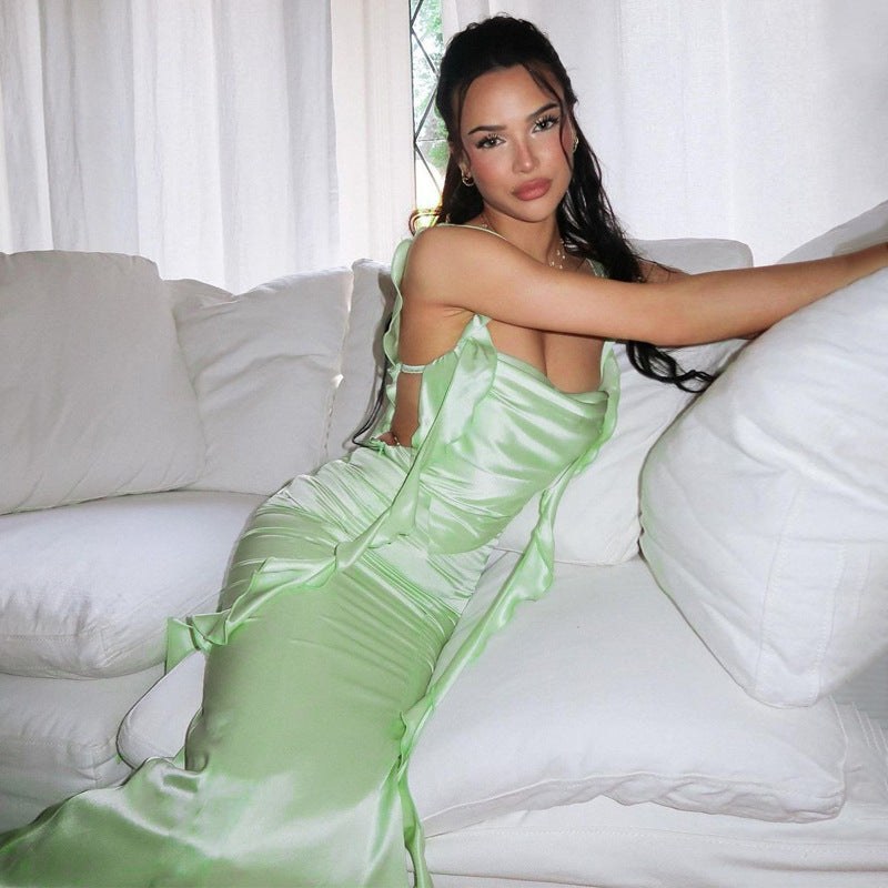 Genevieve | Women's Ruffle Detail Elegant Maxi Dress in Green