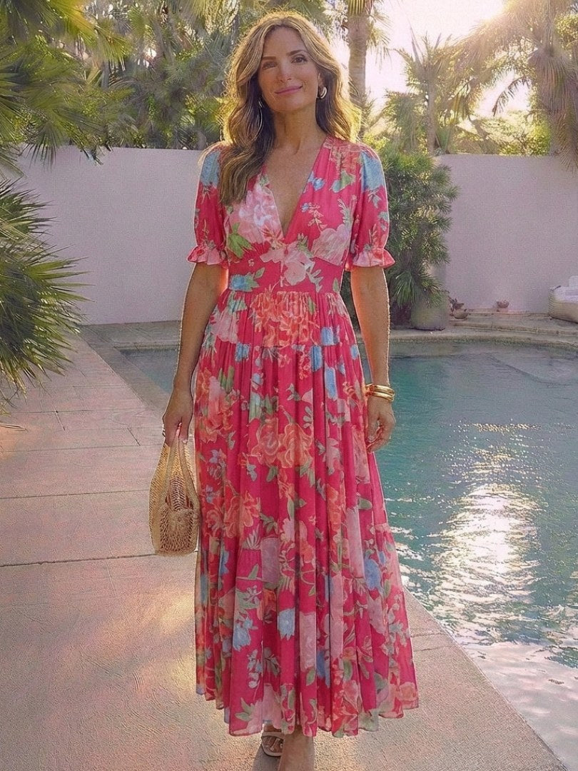 Genoveva | Women's V-Neck Short Sleeve Floral Midi Dress