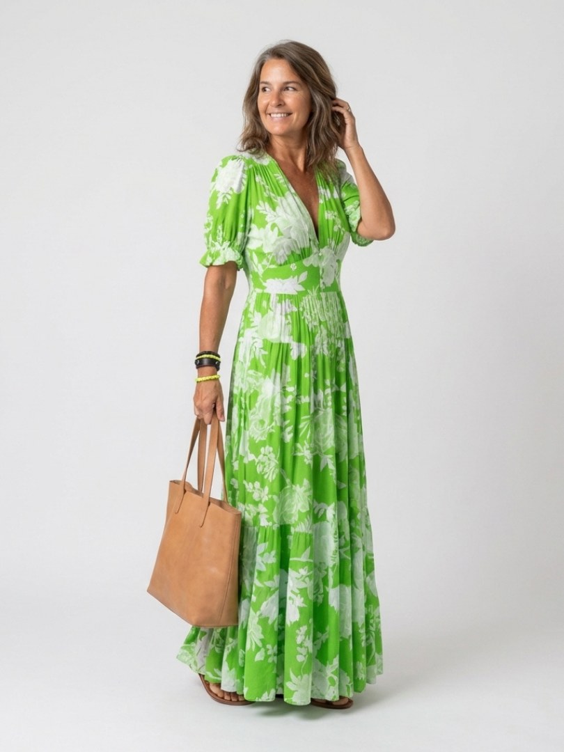 Genoveva | Women's V-Neck Short Sleeve Floral Midi Dress in Green