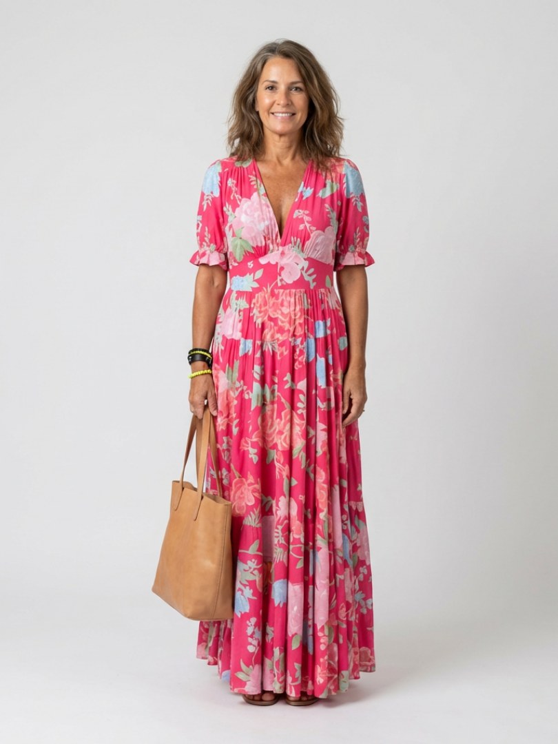 Genoveva | Women's V-Neck Short Sleeve Floral Midi Dress in Pink