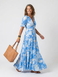Genoveva | Women's V-Neck Short Sleeve Floral Midi Dress in Sky Blue