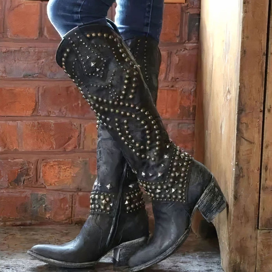 Georgia | Women's Studded Chunky Heel Western Cowboy Boots in Black