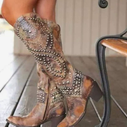 Georgia | Women's Studded Chunky Heel Western Cowboy Boots in Brown