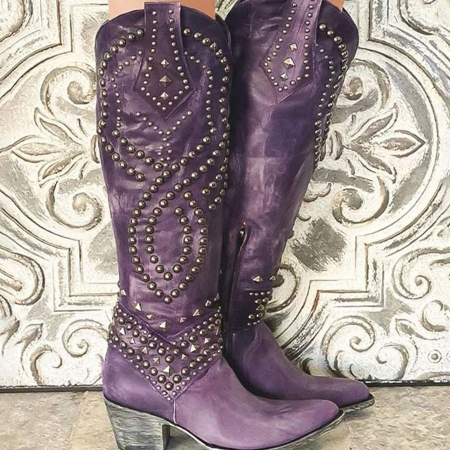 Georgia | Women's Studded Chunky Heel Western Cowboy Boots in Purple