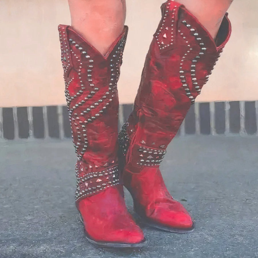 Georgia | Women's Studded Chunky Heel Western Cowboy Boots in Red
