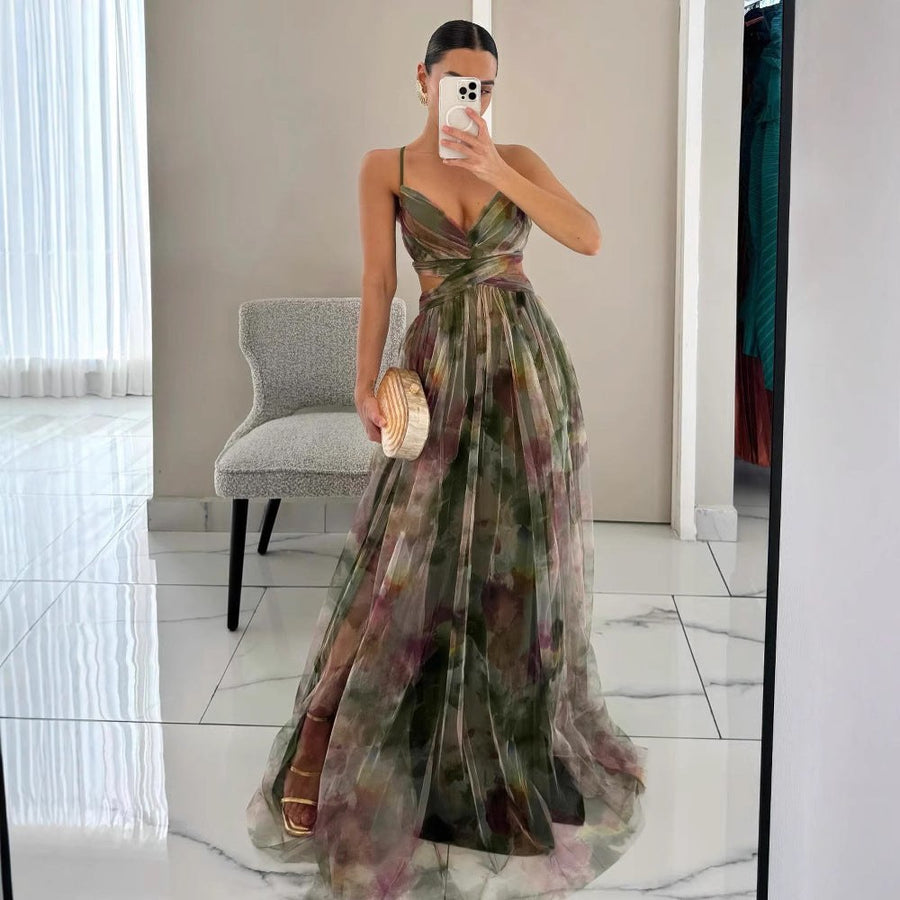 Geralda | Women's Flowing Elegant Evening Dress in Olive Green