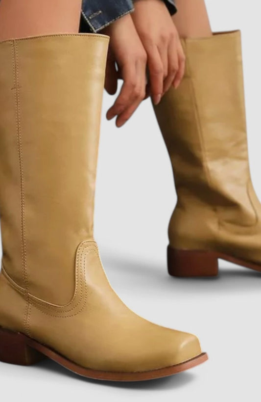 Geraldine | Women's Leather Look Stacked-Heel Knee-High Boots