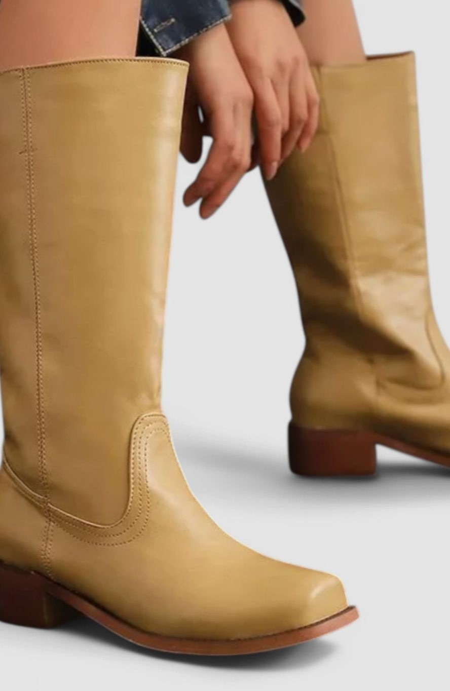 Geraldine | Women's Leather Look Stacked-Heel Knee-High Boots