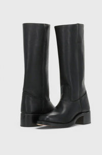 Geraldine | Women's Leather Look Stacked-Heel Knee-High Boots in Black