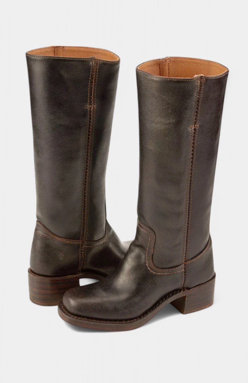 Geraldine | Women's Leather Look Stacked-Heel Knee-High Boots in Dark Brown