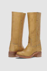 Geraldine | Women's Leather Look Stacked-Heel Knee-High Boots in Yellow