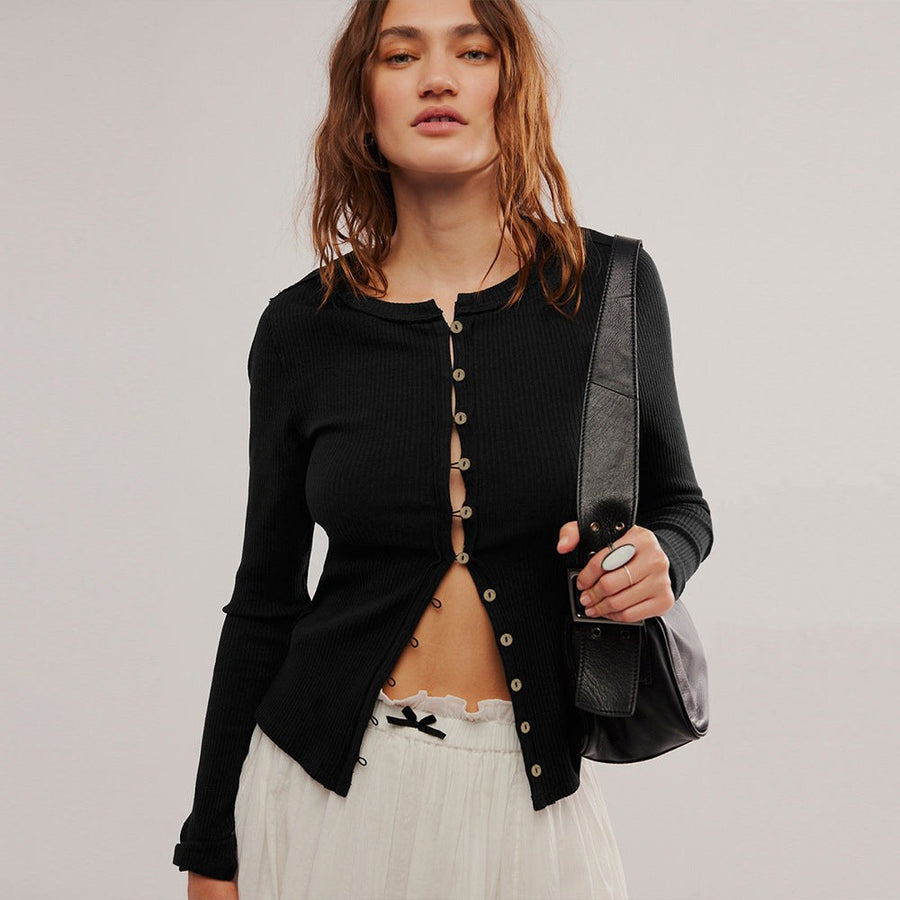 Gerarda | Women's Button-Front Bodycon Long Sleeve Top in Black