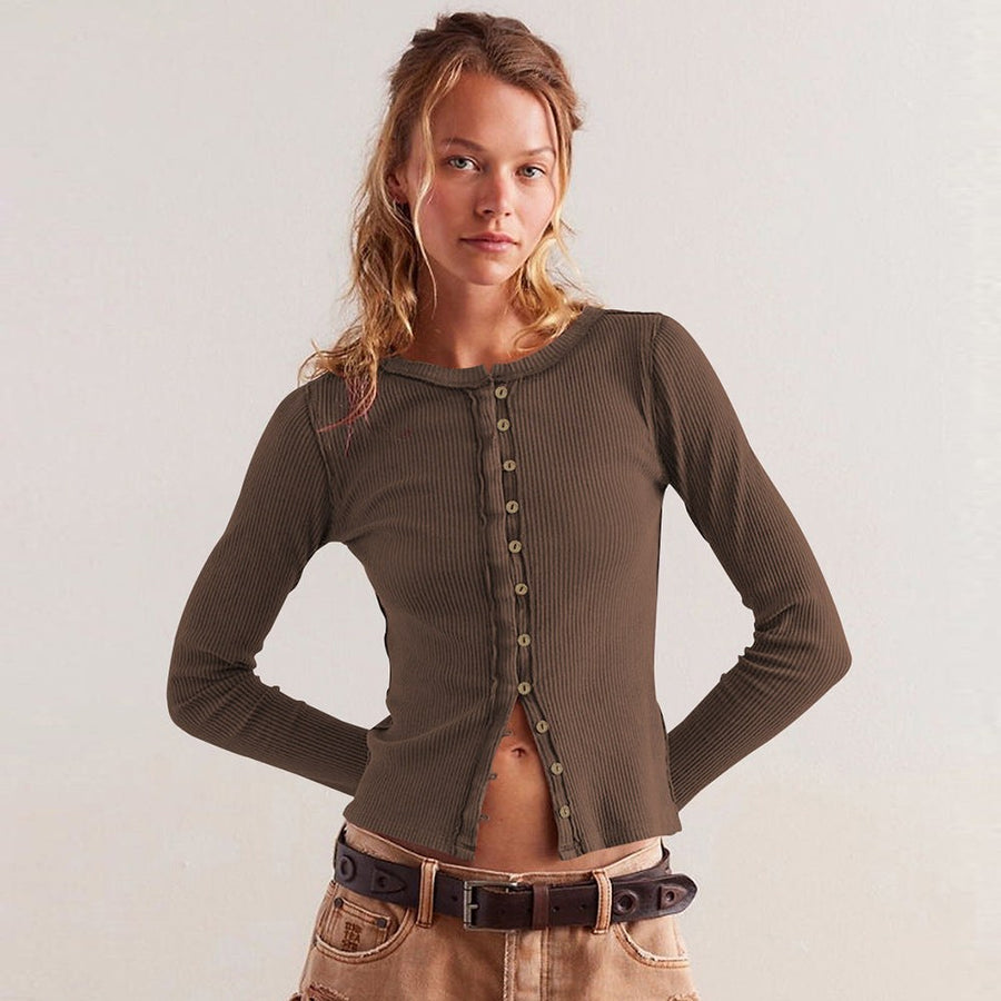 Gerarda | Women's Button-Front Bodycon Long Sleeve Top in Coffee