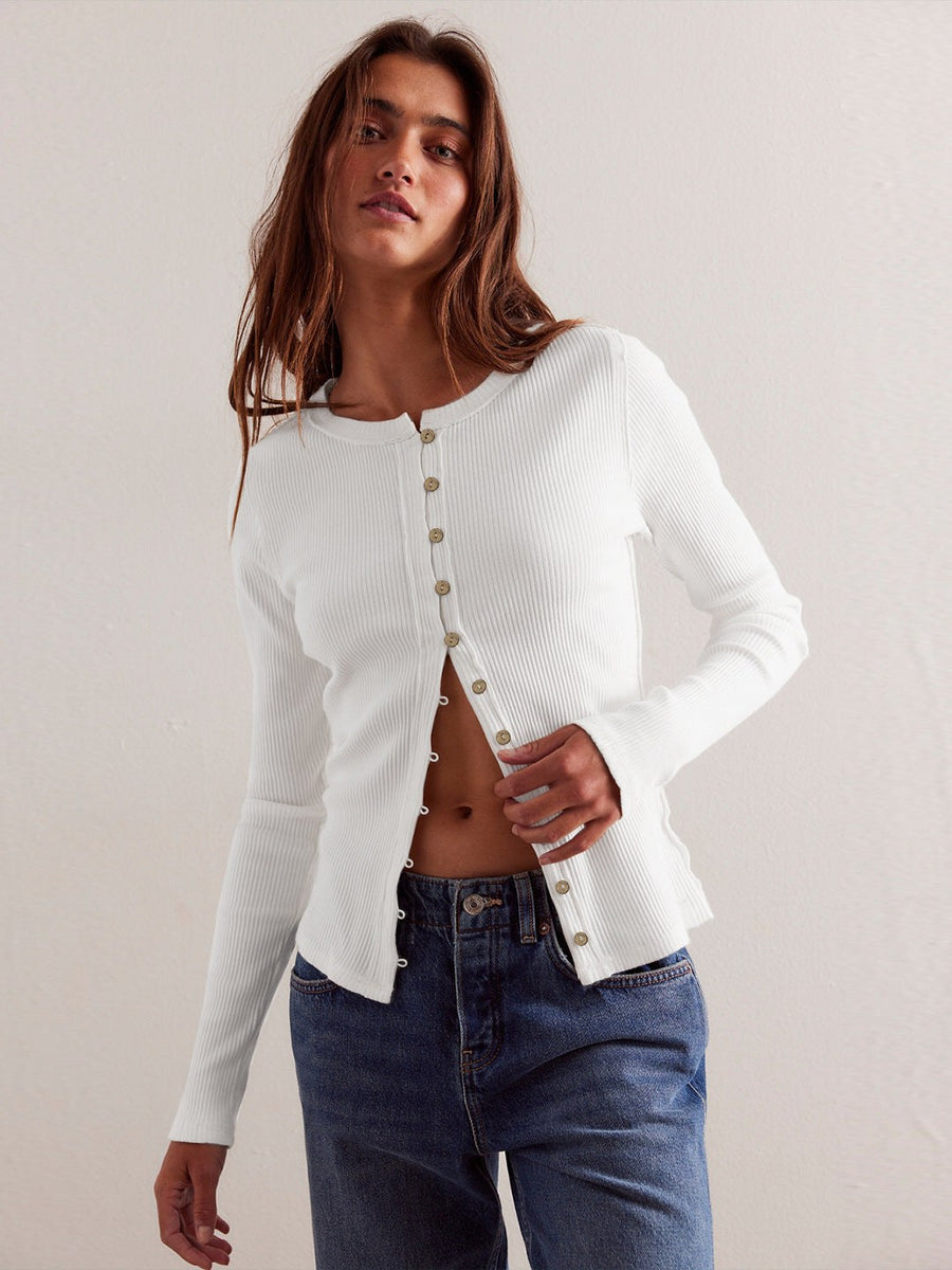Gerarda | Women's Button-Front Bodycon Long Sleeve Top in Cream