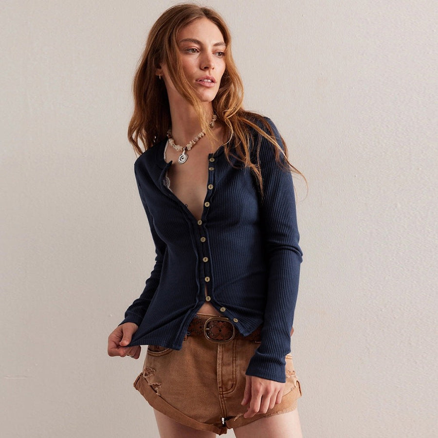Gerarda | Women's Button-Front Bodycon Long Sleeve Top in Dark Blue