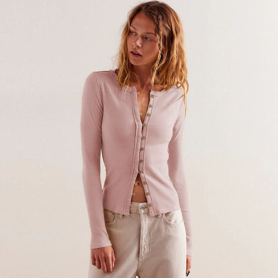 Gerarda | Women's Button-Front Bodycon Long Sleeve Top in Dusty Rose