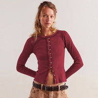Gerarda | Women's Button-Front Bodycon Long Sleeve Top in Wine Red