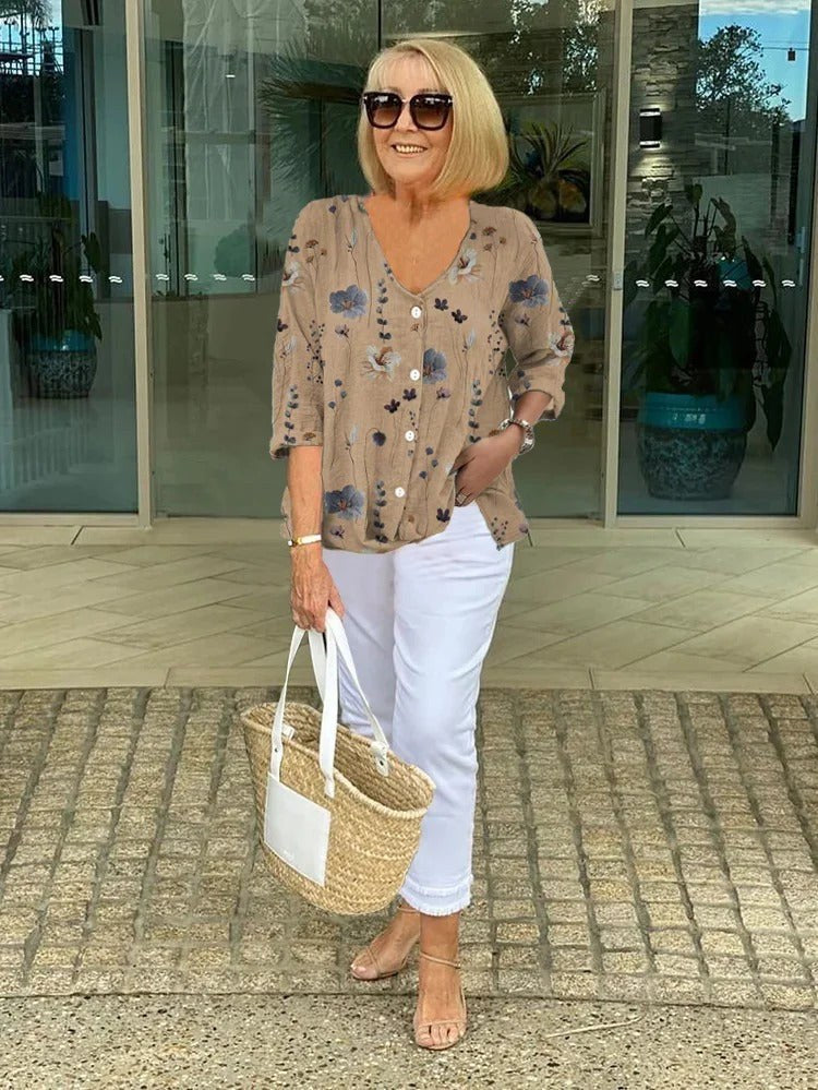 Gerda | Women's Floral with Button Front Blouse in Khaki