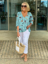 Gerda | Women's Floral with Button Front Blouse in Light Blue