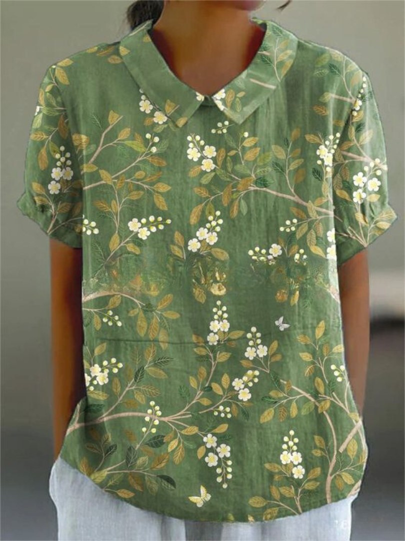 Germaine | Women's Floral with Pointed Collar Blouse in Dark Green