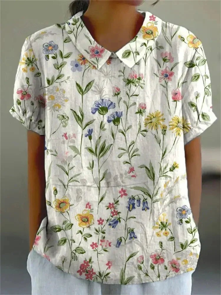 Germaine | Women's Floral with Pointed Collar Blouse in White