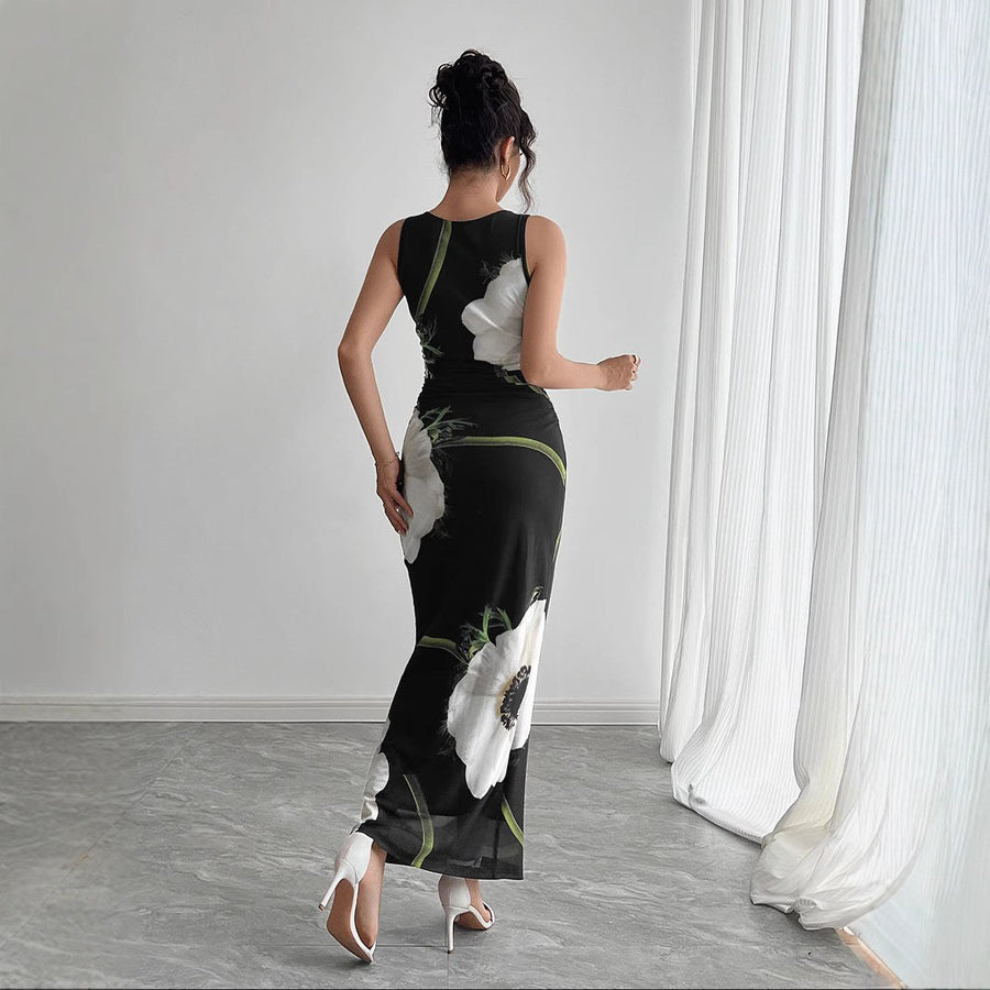 Gertrude | Women's Bodycon Floral Elegant Maxi Dress in Black