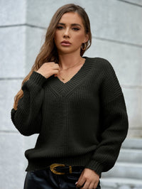 Gertrude | Women's V-Neck Textured Knit Sweater in Black