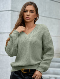 Gertrude | Women's V-Neck Textured Knit Sweater in Green