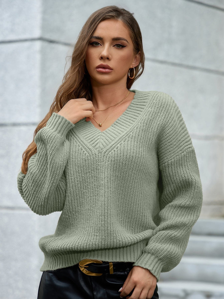 Gertrude | Women's V-Neck Textured Knit Sweater in Green
