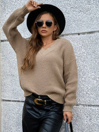 Gertrude | Women's V-Neck Textured Knit Sweater in Khaki