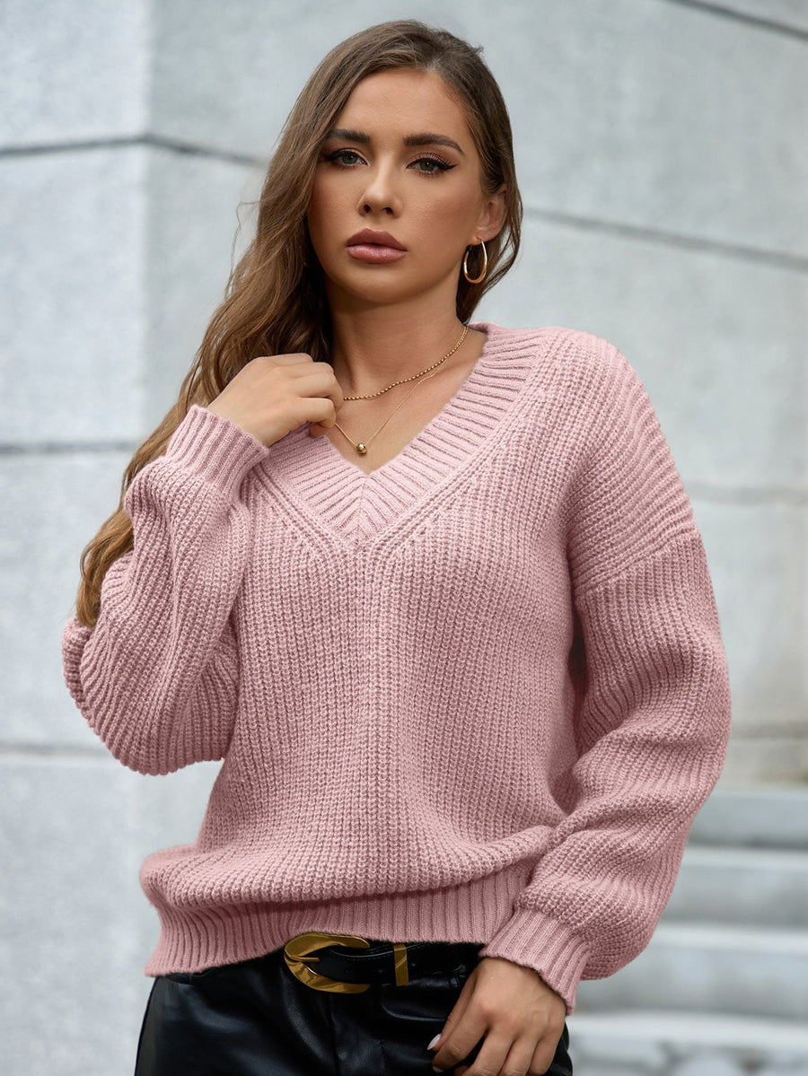 Gertrude | Women's V-Neck Textured Knit Sweater in Pink