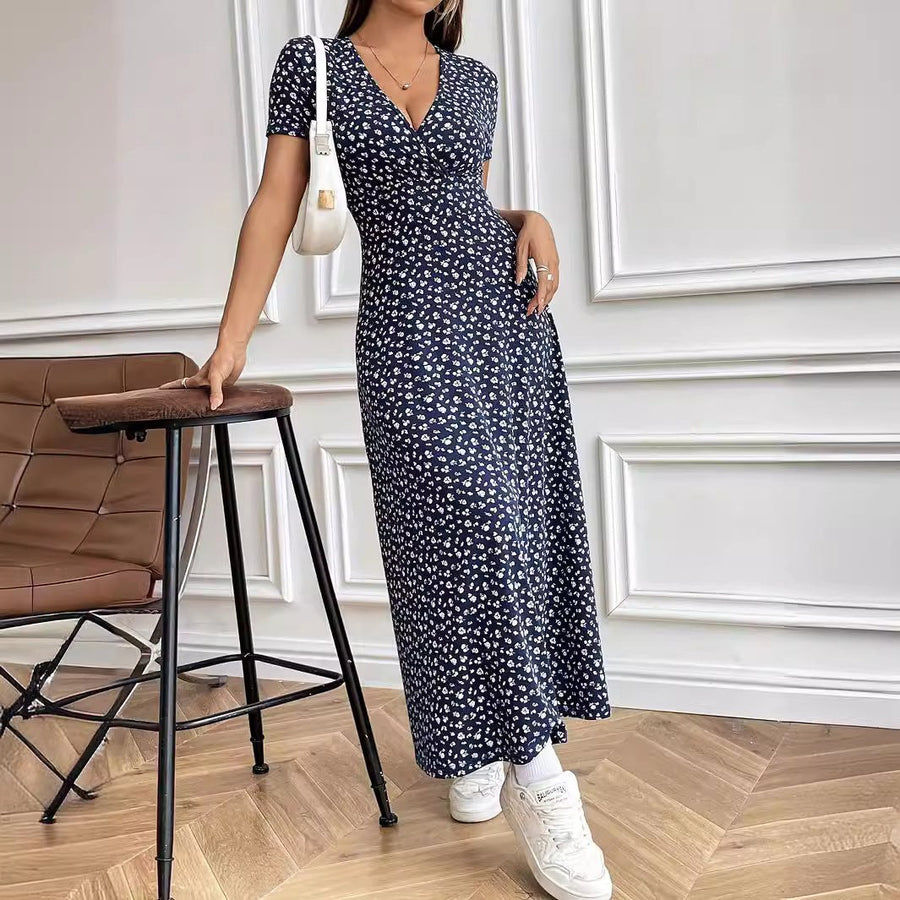 Gianna | Women's Floral Print V-Neck Maxi Dress in Marine Blue