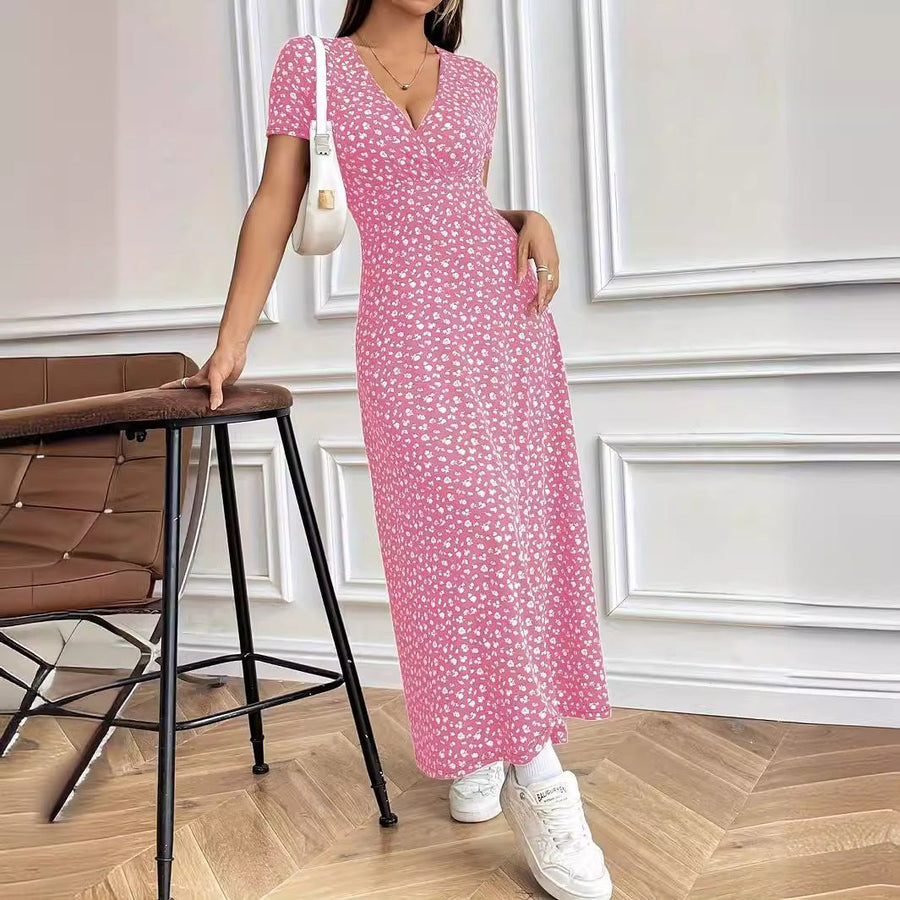 Gianna | Women's Floral Print V-Neck Maxi Dress in Pink