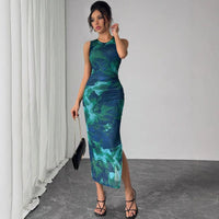 Gilda | Women's Floral Elegant Maxi Dress in Peacock Green