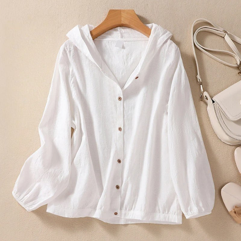 Gillian | Women's Hooded Button-Up Blouse in White